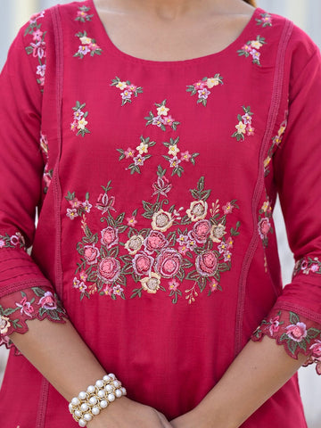 Varanga Women Fuchsia Pink Embroidered Scallop Detail Kurta Paired With Bottom And Dupatta
